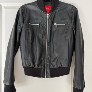 Guess Women's Black Leather Bomber Jacket